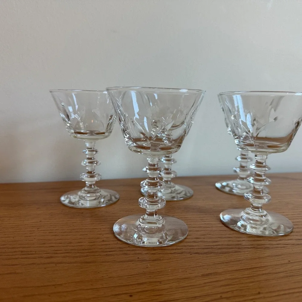 Set‎ of 5 Vintage Etched Crystal Cordial Glasses Fluted Stemware